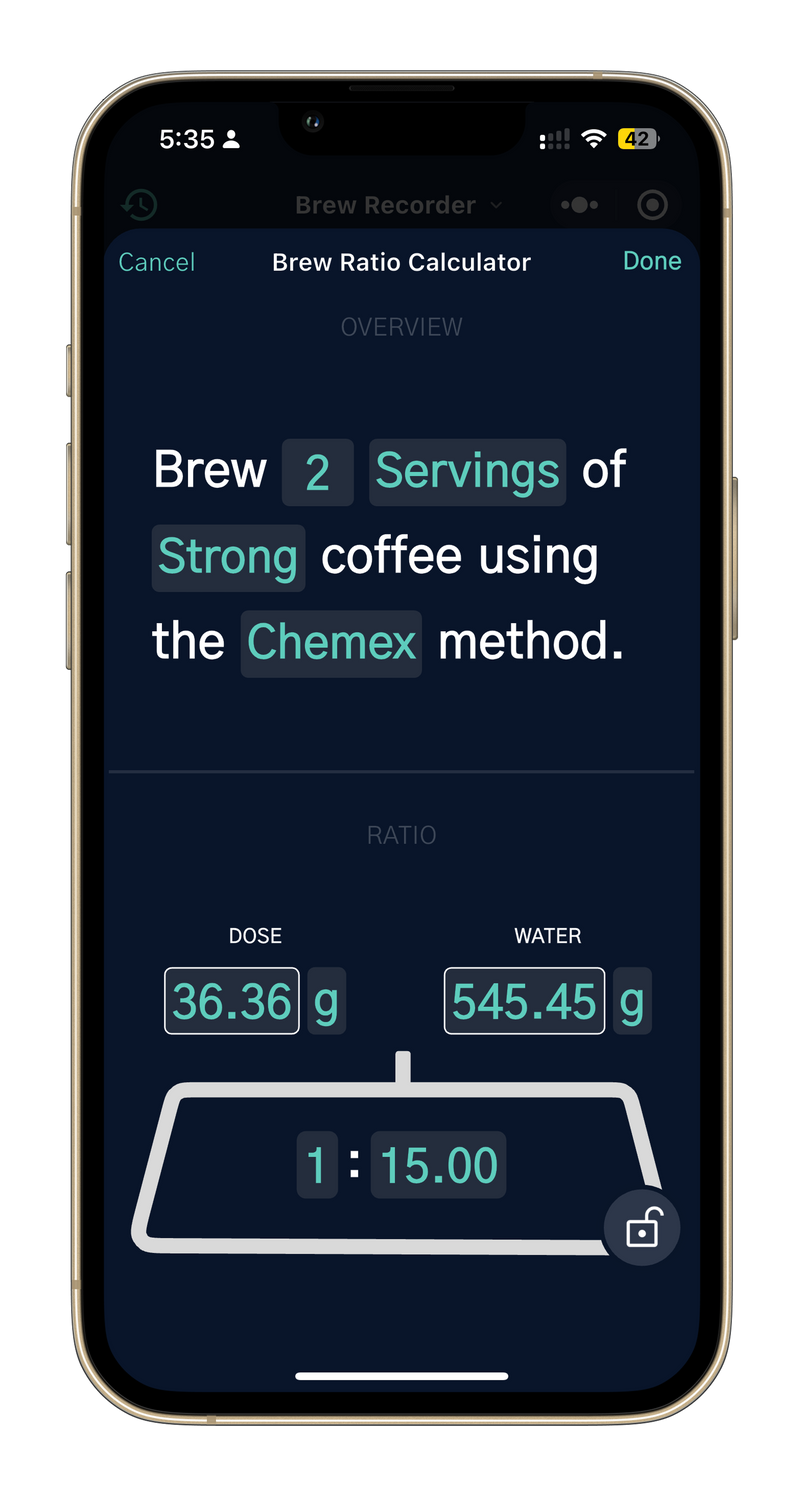 Phone screen displaying a coffee brewing calculator app with text and numbers.