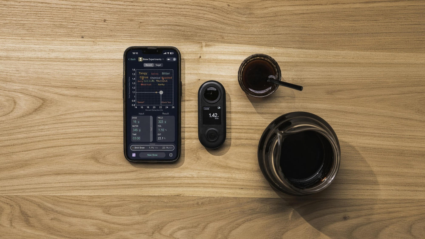 R2 Extract sobre uma mesa, ao lado de um celular com o gráfico do Controlador de extração no CoffeeOS, uma xícara e uma jarra de café